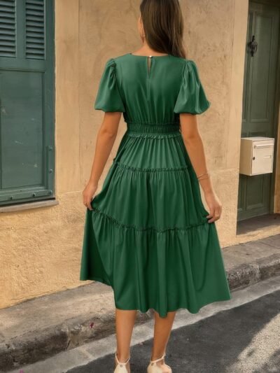 Solid V Neck Puff Sleeve Elastic Waist Dress Solid V Neck Puff Sleeve Elastic Waist Dress