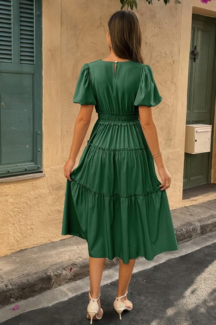 Solid v neck puff sleeve elastic waist dress