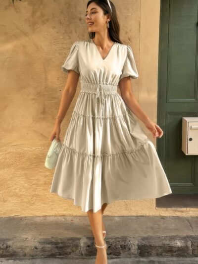 Solid V Neck Puff Sleeve Elastic Waist Dress Solid V Neck Puff Sleeve Elastic Waist Dress