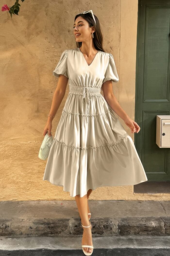 Solid v neck puff sleeve elastic waist dress