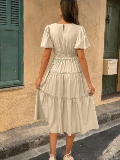 Solid V Neck Puff Sleeve Elastic Waist Dress Solid V Neck Puff Sleeve Elastic Waist Dress