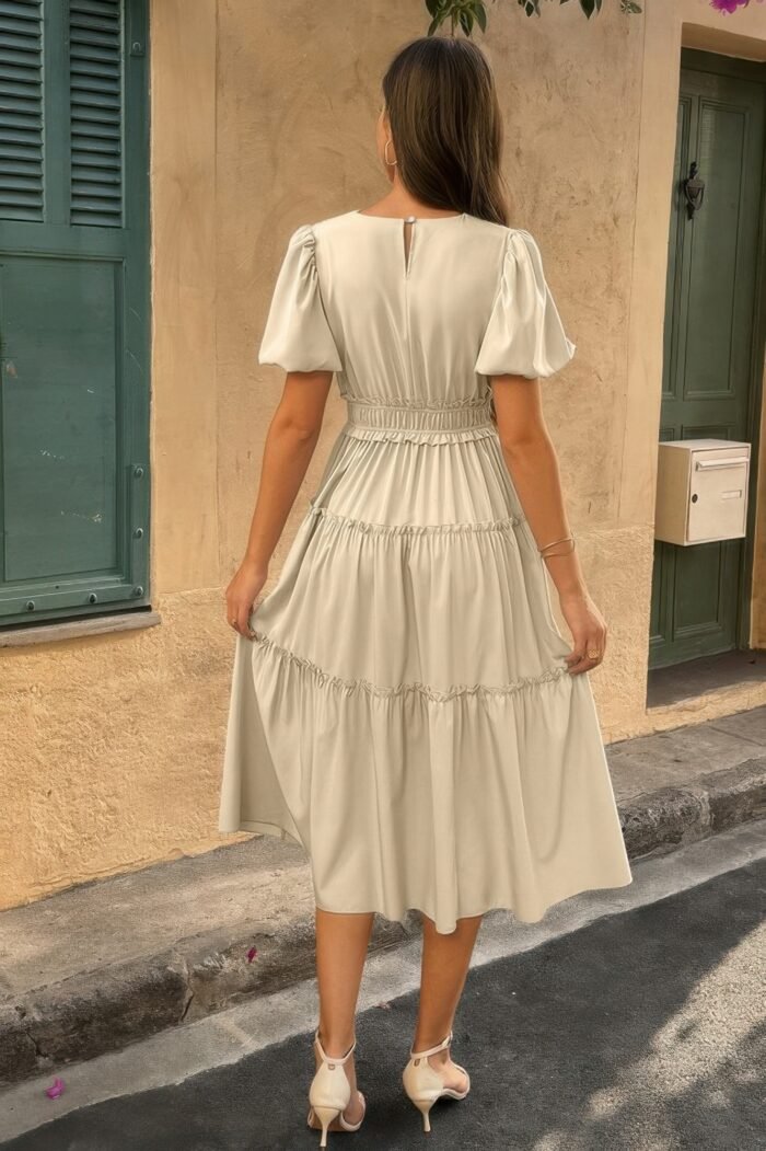 Solid v neck puff sleeve elastic waist dress