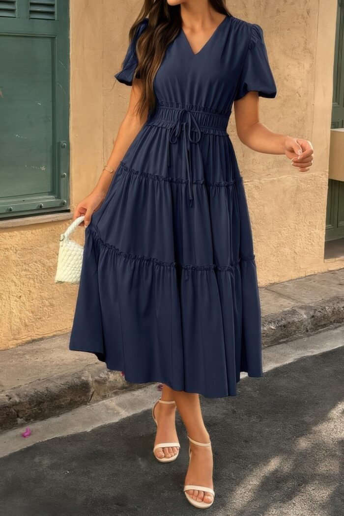 Solid v neck puff sleeve elastic waist dress