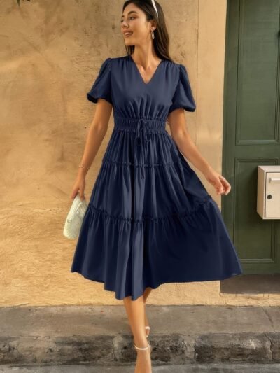 Solid V Neck Puff Sleeve Elastic Waist Dress Solid V Neck Puff Sleeve Elastic Waist Dress