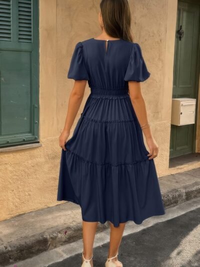 Solid V Neck Puff Sleeve Elastic Waist Dress Solid V Neck Puff Sleeve Elastic Waist Dress