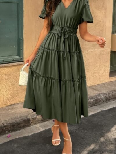 Solid V Neck Puff Sleeve Elastic Waist Dress Solid V Neck Puff Sleeve Elastic Waist Dress