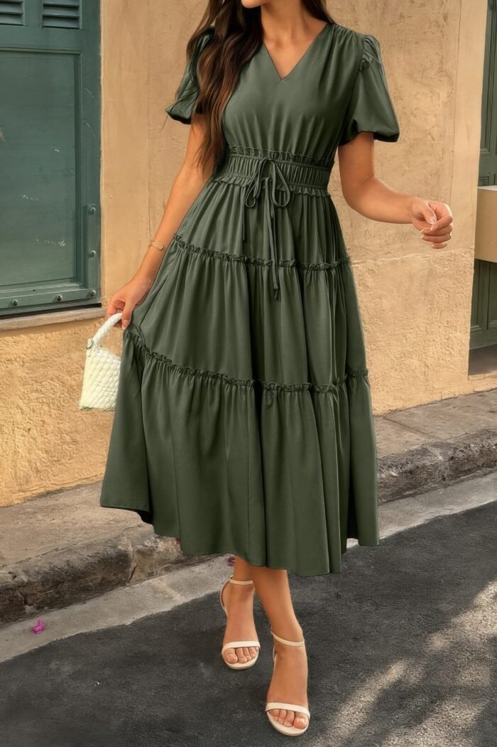 Solid v neck puff sleeve elastic waist dress