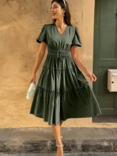 Solid V Neck Puff Sleeve Elastic Waist Dress Solid V Neck Puff Sleeve Elastic Waist Dress