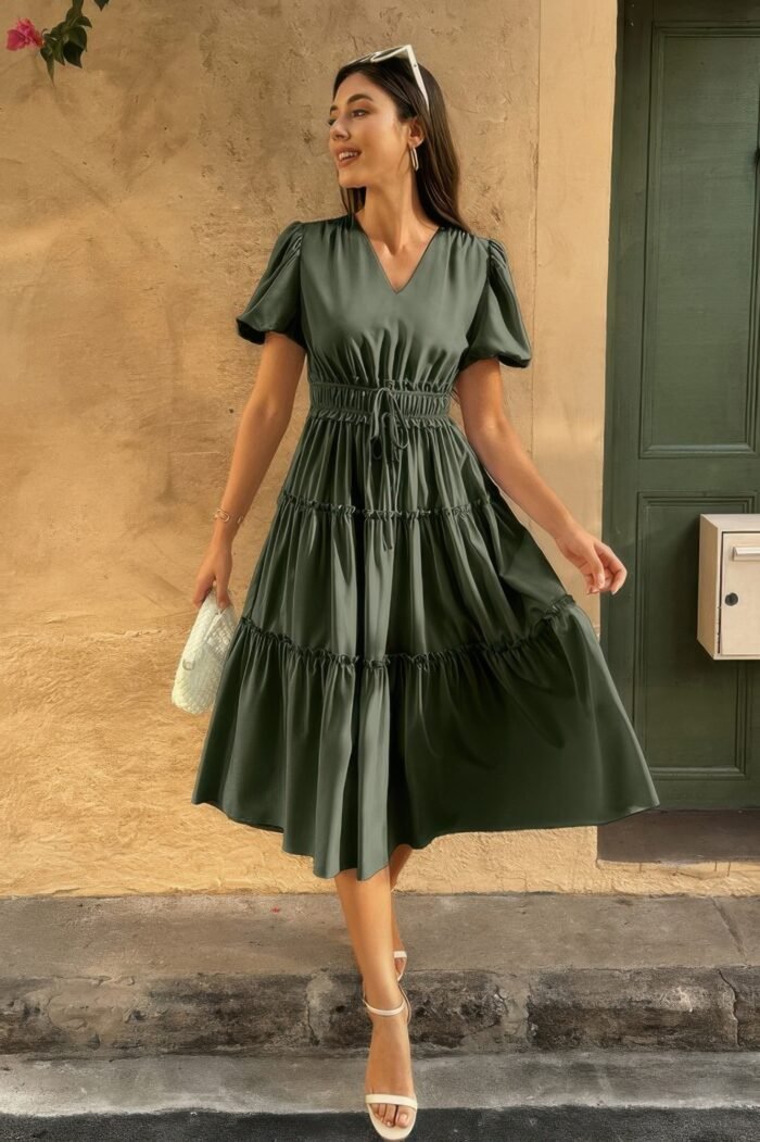 Solid v neck puff sleeve elastic waist dress