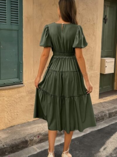 Solid V Neck Puff Sleeve Elastic Waist Dress Solid V Neck Puff Sleeve Elastic Waist Dress