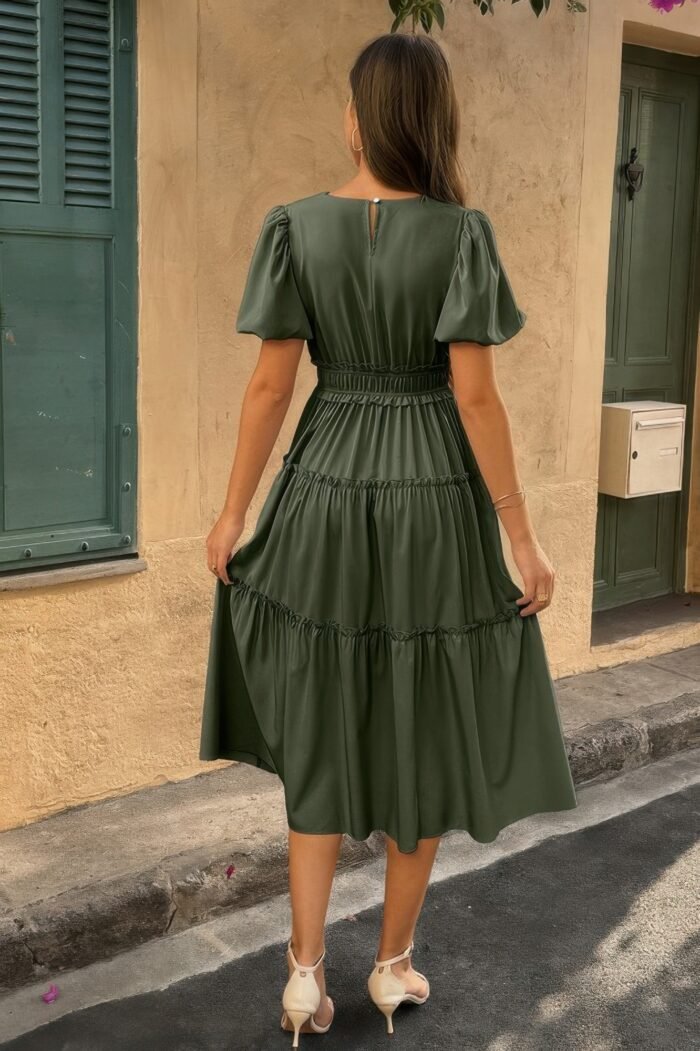 Solid v neck puff sleeve elastic waist dress