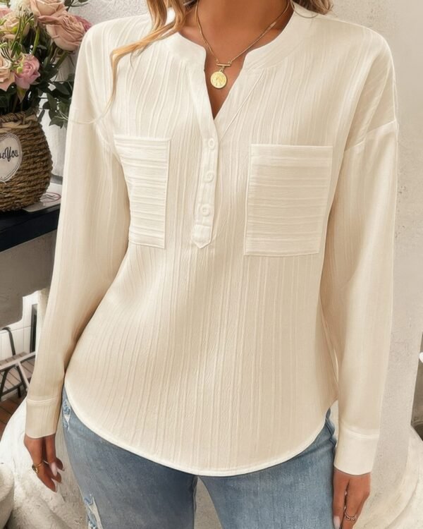 Solid Buttons V Neck Elegant Front Pockets Blouse