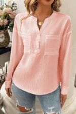 Solid Buttons V Neck Elegant Front Pockets Blouse