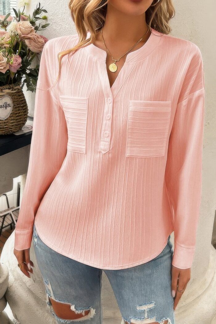 Solid Buttons V Neck Elegant Front Pockets Blouse - Image 20