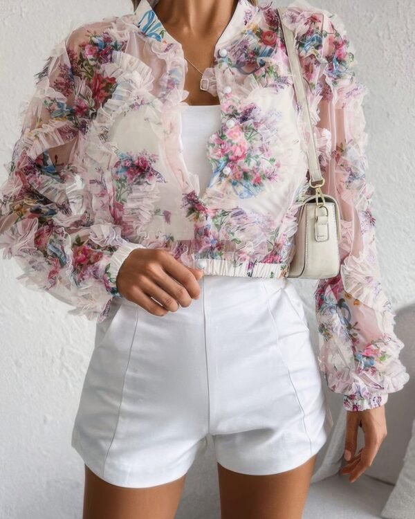 Floral Print Lace Ruffle Open Front Button Shirt