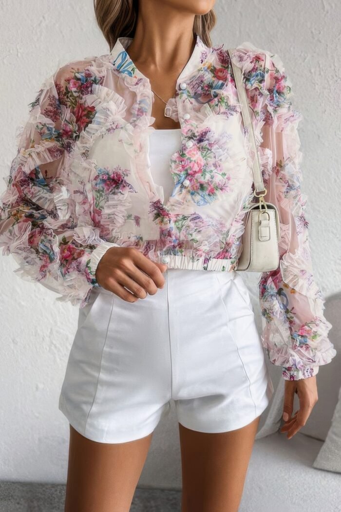 Floral print lace ruffle open front button shirt