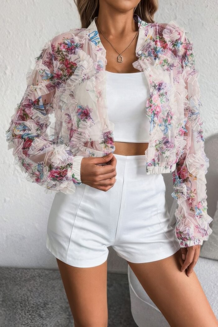 Floral print lace ruffle open front button shirt