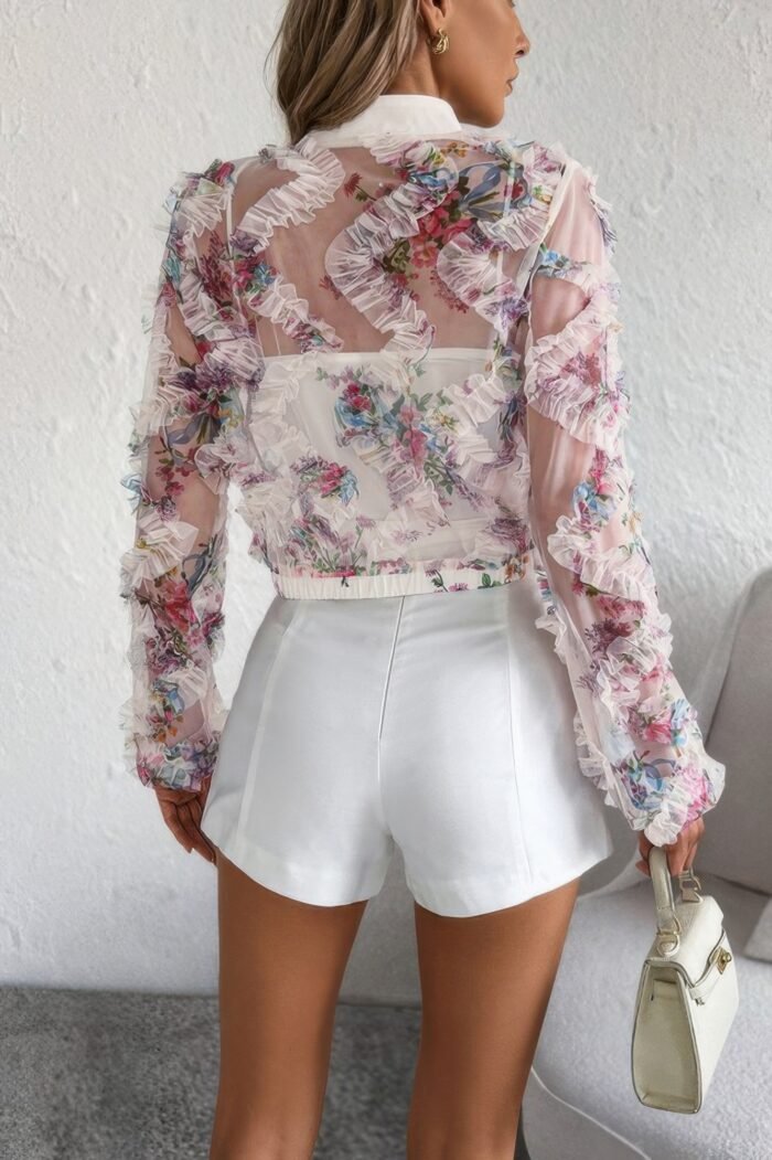Floral print lace ruffle open front button shirt