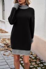 Turtle Mock Neck Solid Knit Stretch Sweater Dress