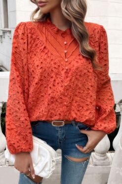 Embroidered Lace Button Down Hollow Out Shirt