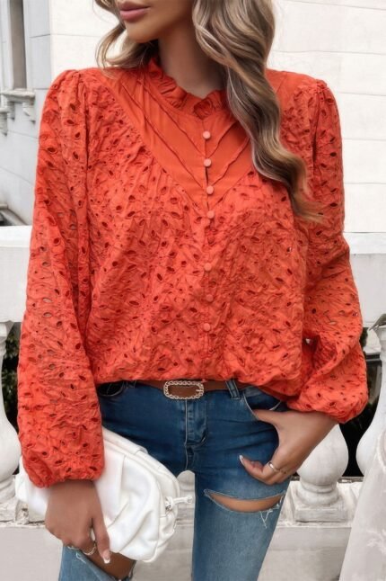 Embroidered Lace Button Down Hollow Out Shirt