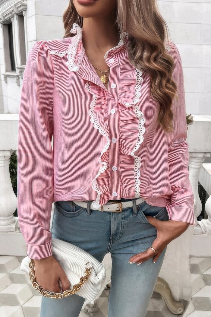 Striped lace mock neck ruffle trim blouse