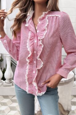 Striped Lace Mock Neck Ruffle Trim Blouse