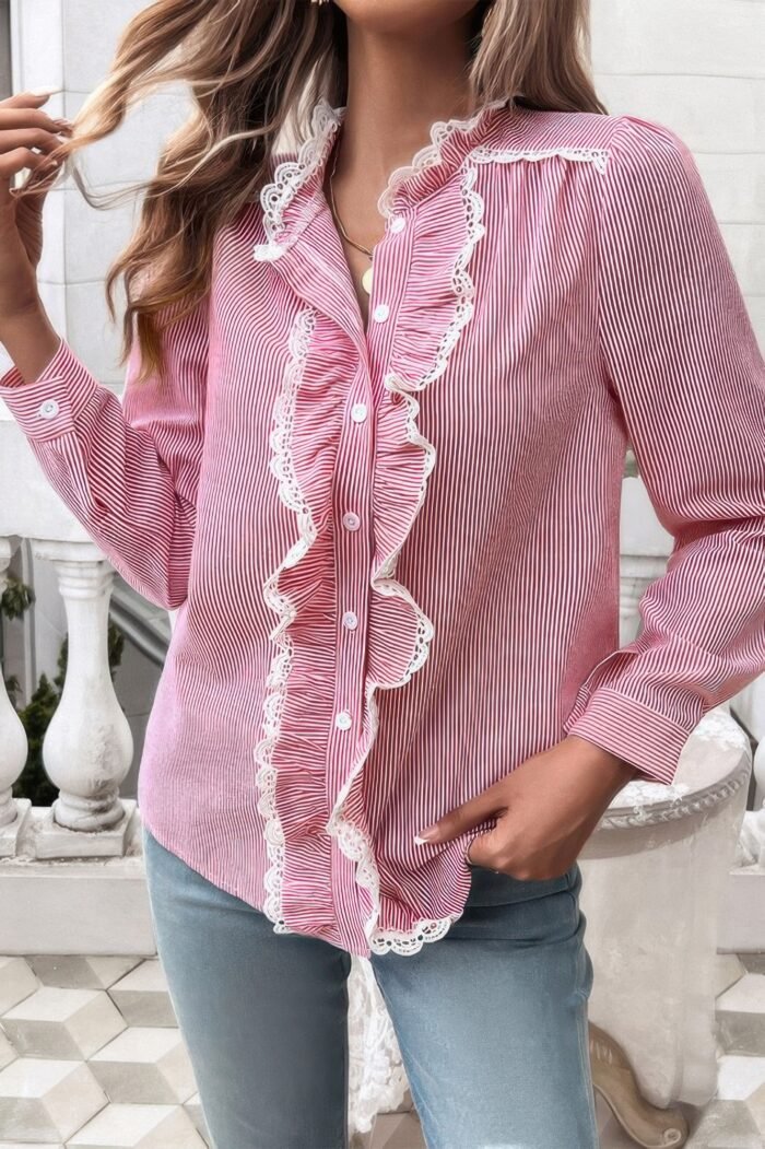 Striped lace mock neck ruffle trim blouse