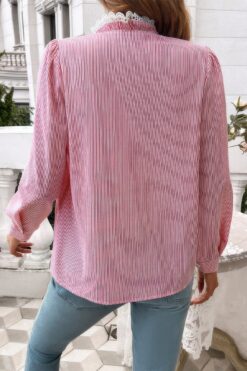 Striped Lace Mock Neck Ruffle Trim Blouse