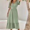 Solid V Neck Belted Wrap Layered Midi Dress