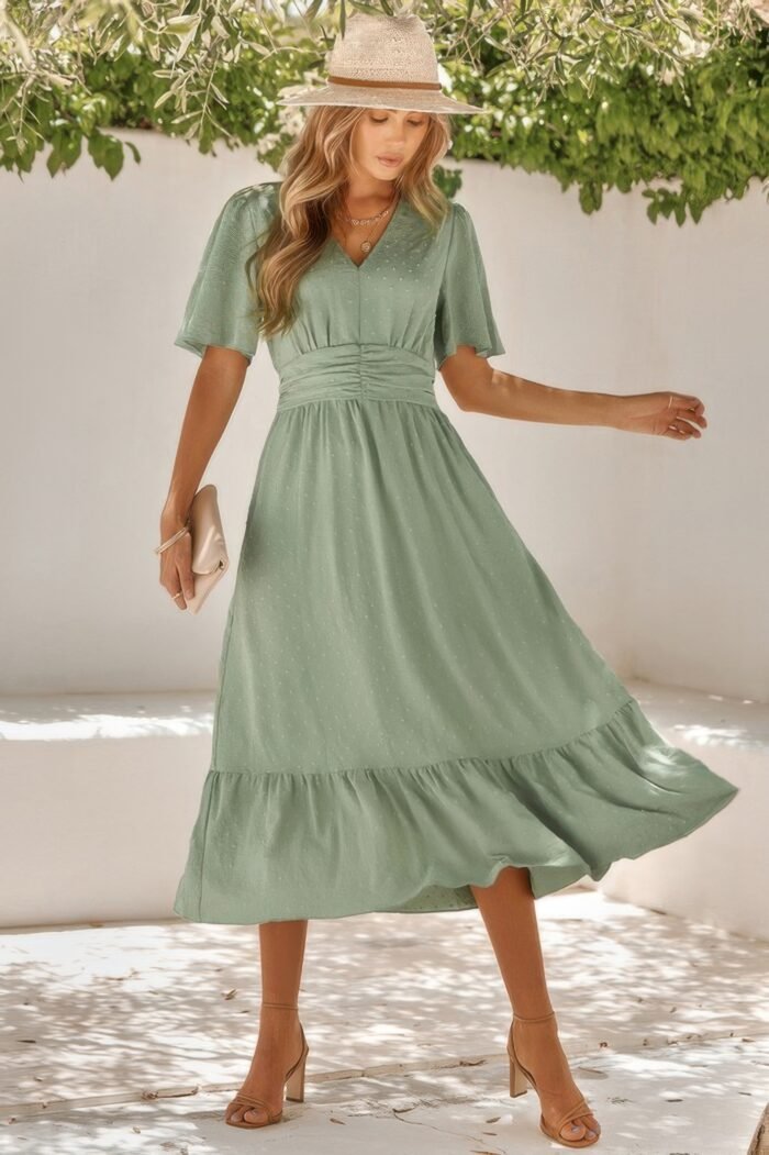 Solid v neck belted wrap layered midi dress