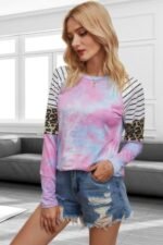 Crew Neck Patchwork Tie Dye Fit Loose Shirt - Image 3