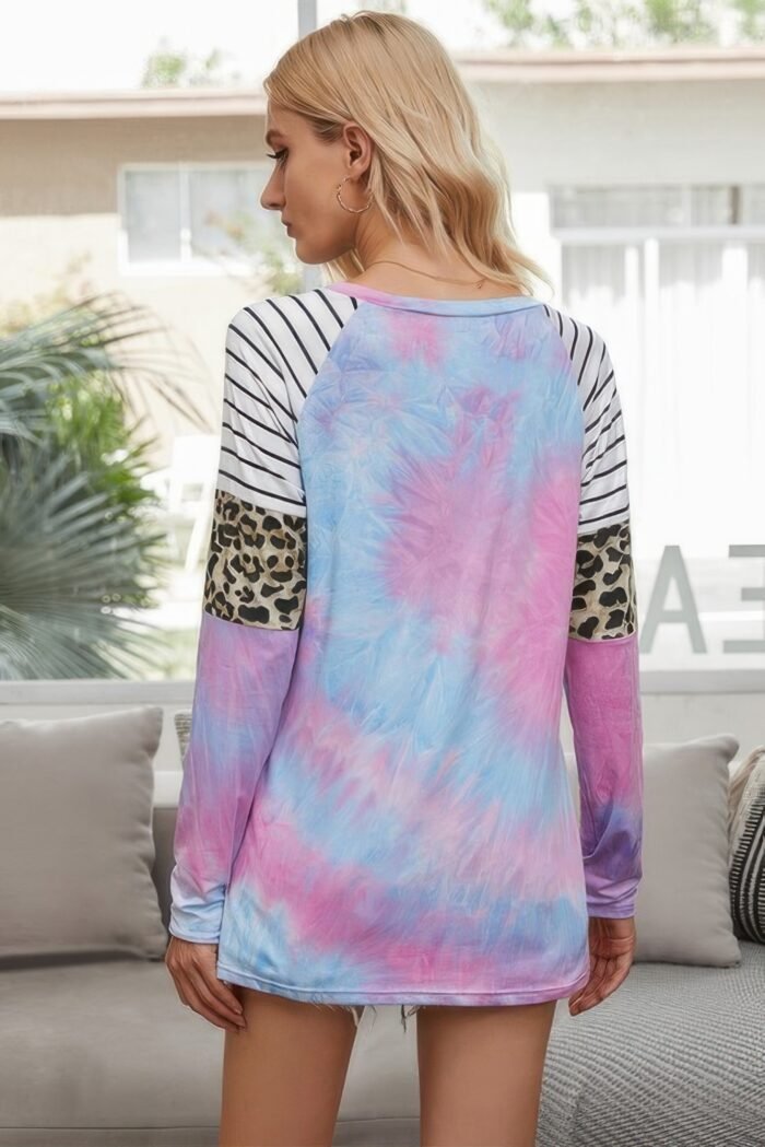 Crew Neck Patchwork Tie Dye Fit Loose Shirt - Image 4