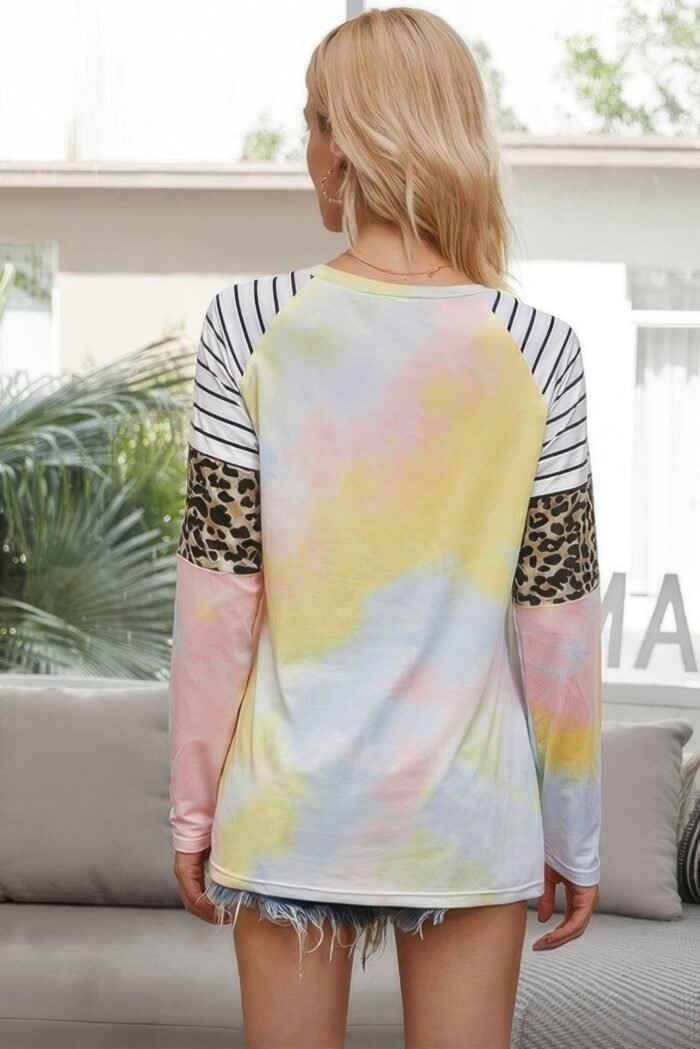 Crew Neck Patchwork Tie Dye Fit Loose Shirt - Image 6