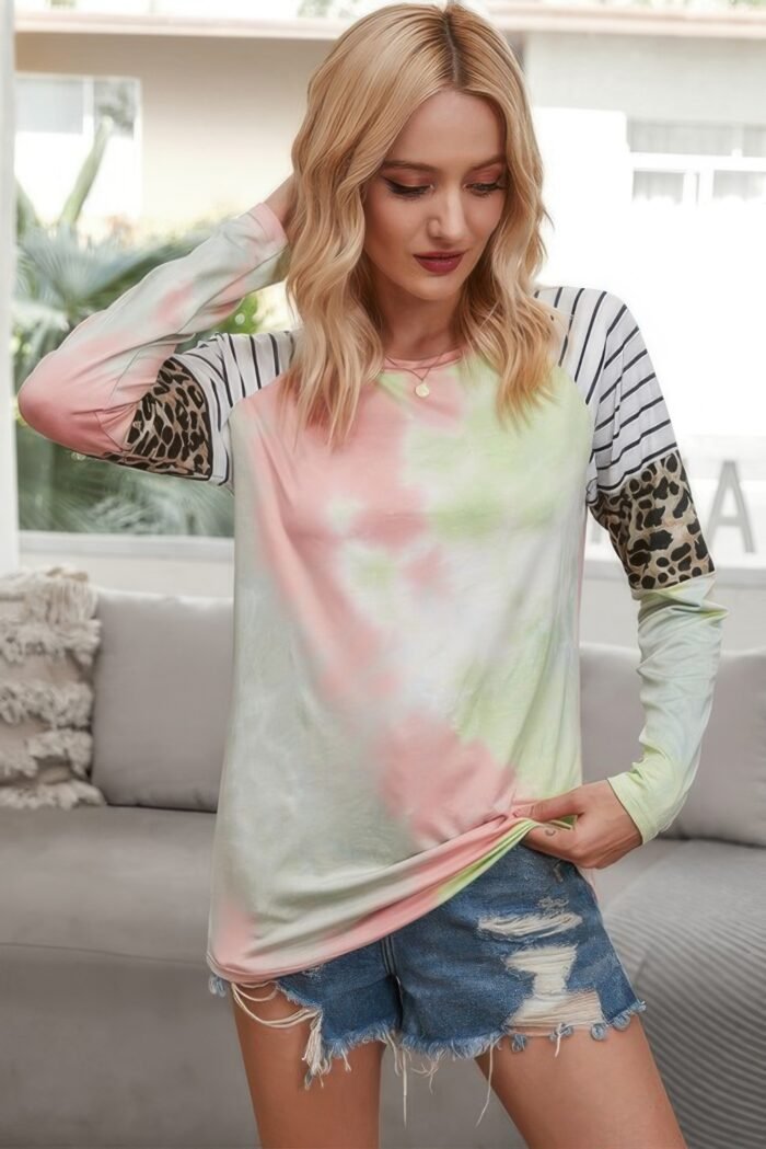 Crew Neck Patchwork Tie Dye Fit Loose Shirt - Image 7