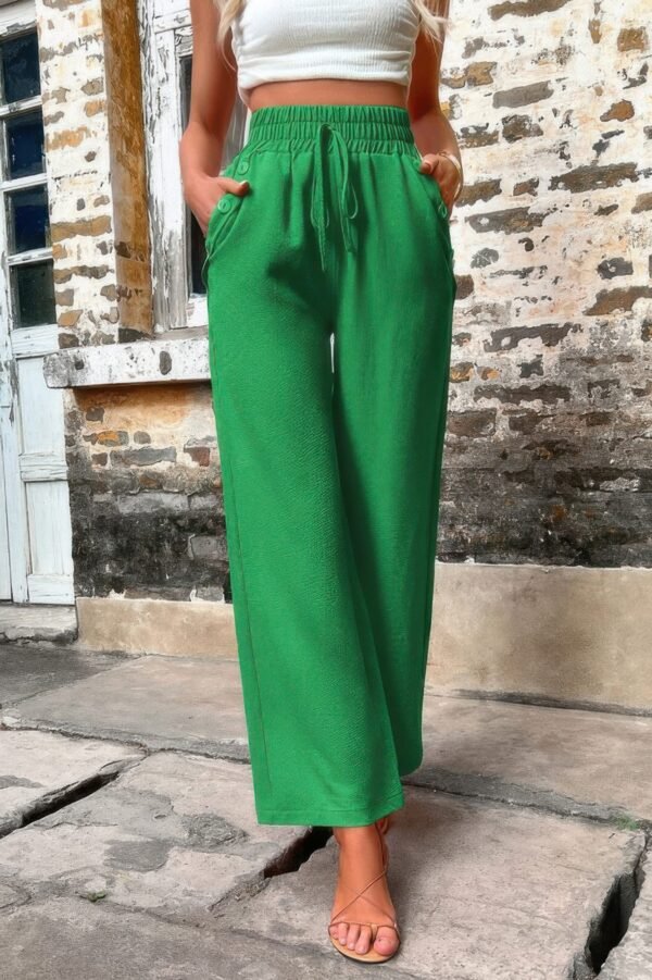 Solid Elegant Wide Leg Drawstring Waist Pockets Pant