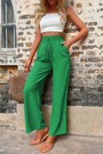 Solid Elegant Wide Leg Drawstring Waist Pockets Pant - Image 4