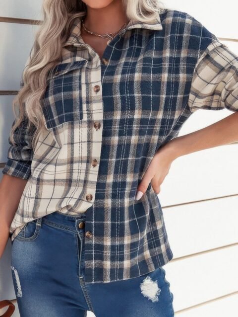 Plaid Block Lapel Collar Loose Button Down Shirt