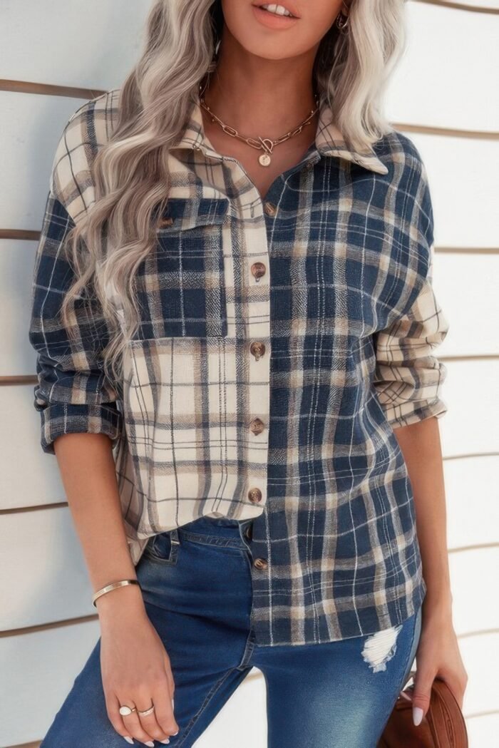 Plaid block lapel collar loose button down shirt
