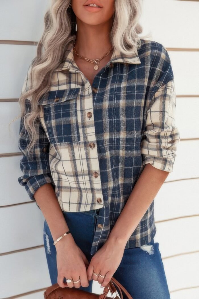 Plaid block lapel collar loose button down shirt