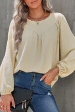 Crew Neck Solid Long Lantern Sleeve Shirt