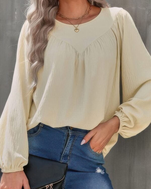 Crew Neck Solid Long Lantern Sleeve Shirt