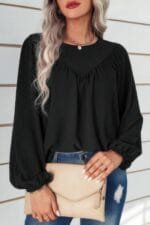 Crew Neck Solid Long Lantern Sleeve Shirt