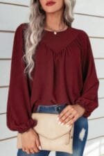 Crew Neck Solid Long Lantern Sleeve Shirt