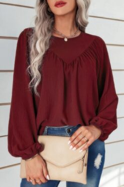 Crew Neck Solid Long Lantern Sleeve Shirt