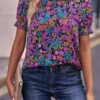 Allover Floral Puff Sleeve Frill Neck Blouse
