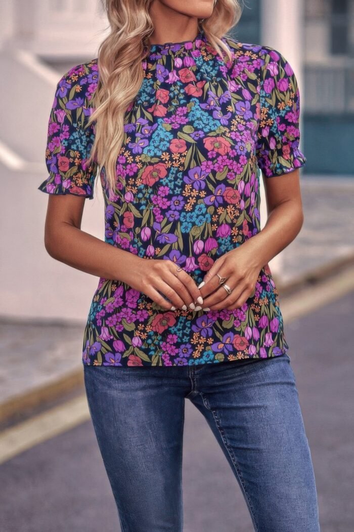 Allover floral puff sleeve frill neck blouse