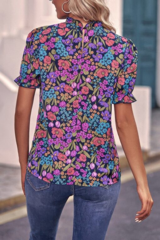 Allover Floral Puff Sleeve Frill Neck Blouse - Image 6