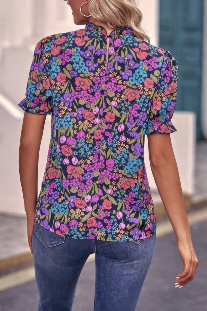 Allover floral puff sleeve frill neck blouse