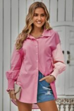 Color Block Button Down Cuffed Sleeves Blouse